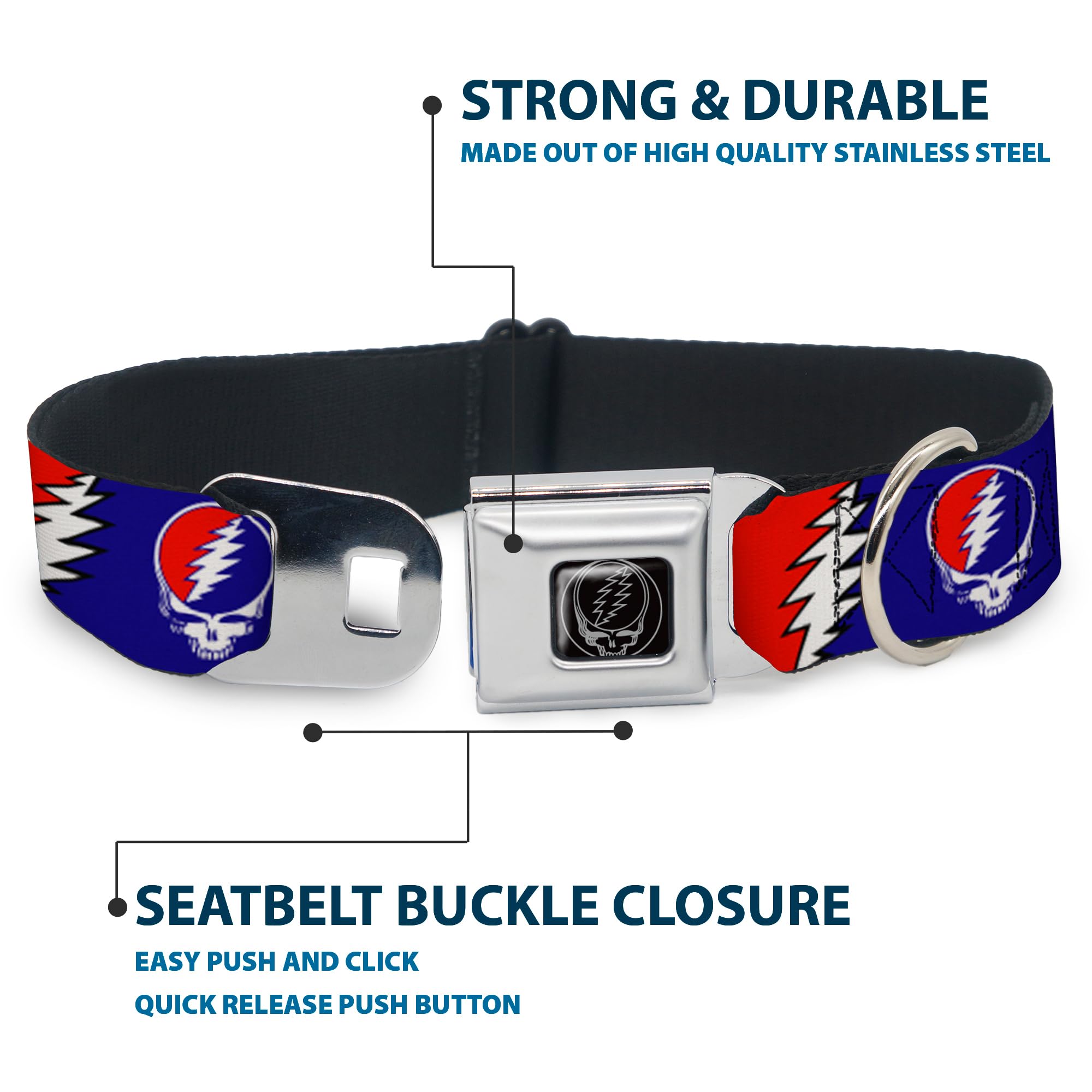 Buckledown SeatBelt Dog Collar repeating artwork closeup emphasizes vibrant design.