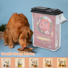 Buddeez 16qt container with lid open highlighting convenient access to pet food.