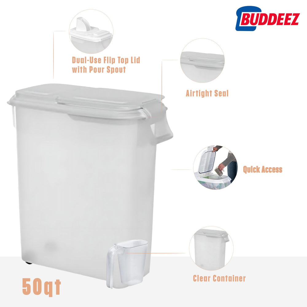 Buddeez 50lb capacity label highlights large storage for pet food or seed.