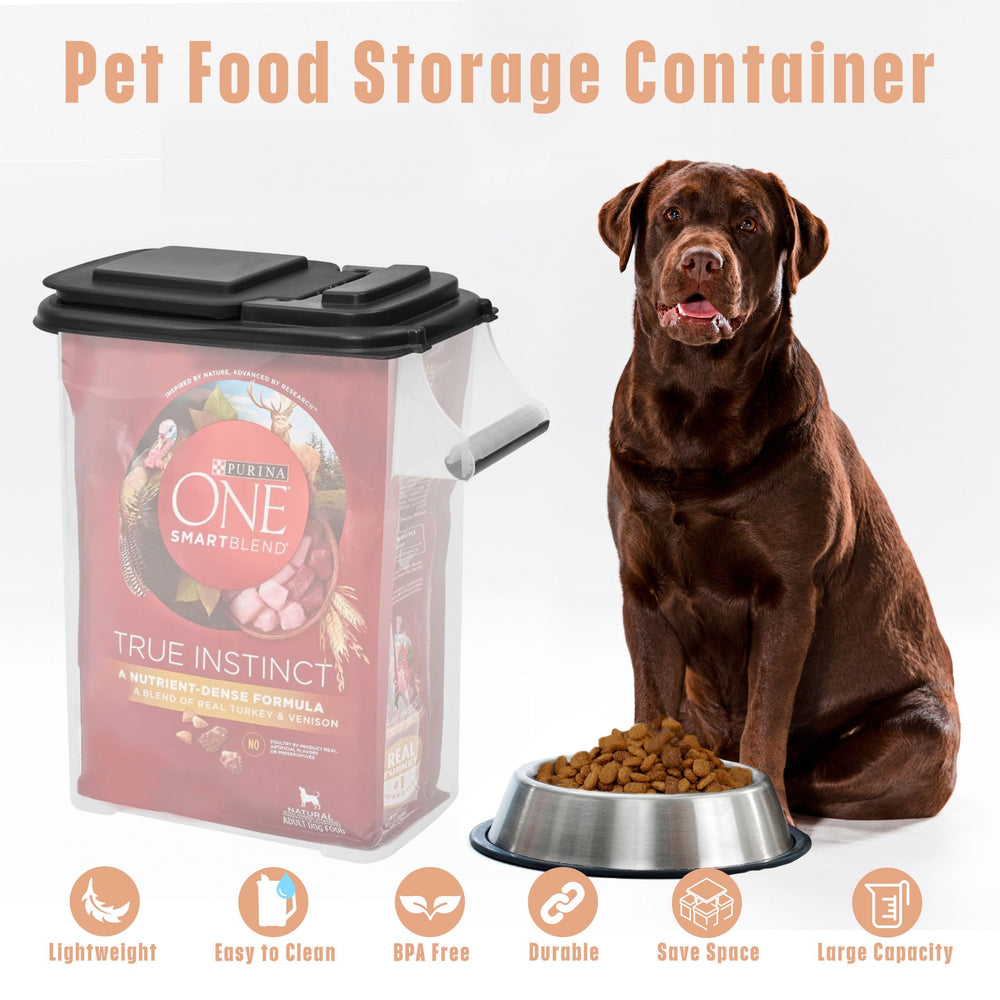 Buddeez pet food storage scoop in use showing easy measuring and serving.
