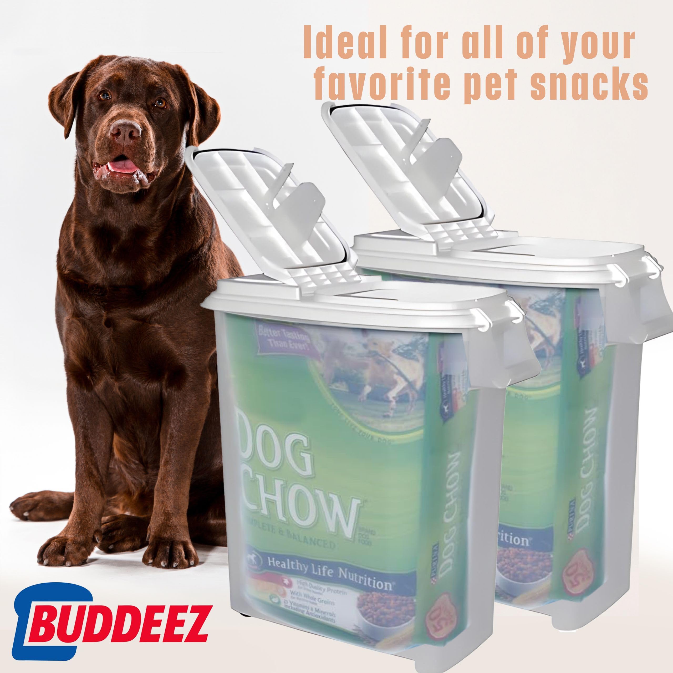Buddeez roll-away with wheels shows smooth pantry mobility for heavy bags.