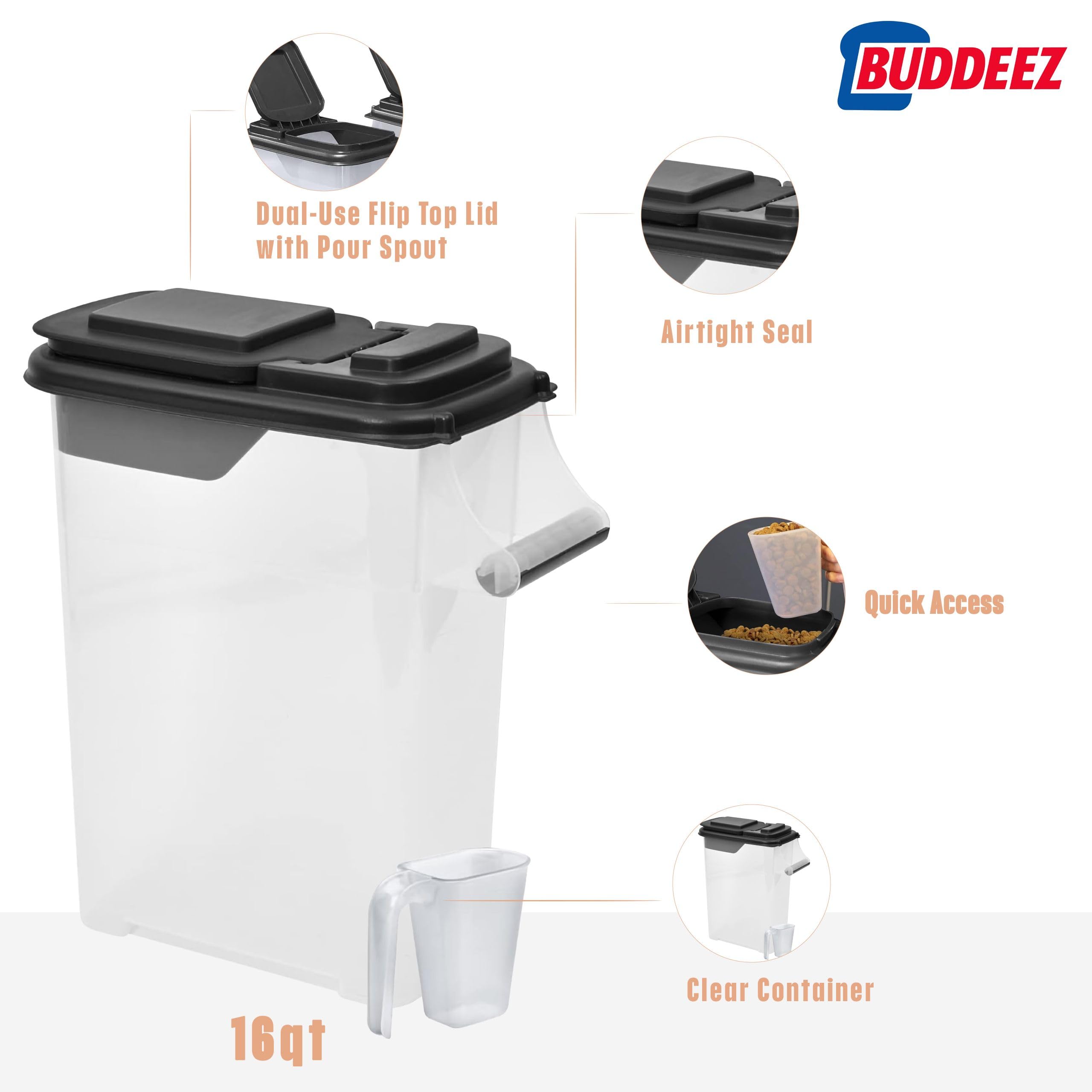 Buddeez stackable pet food containers demonstrating space-saving design for multi-pet homes.