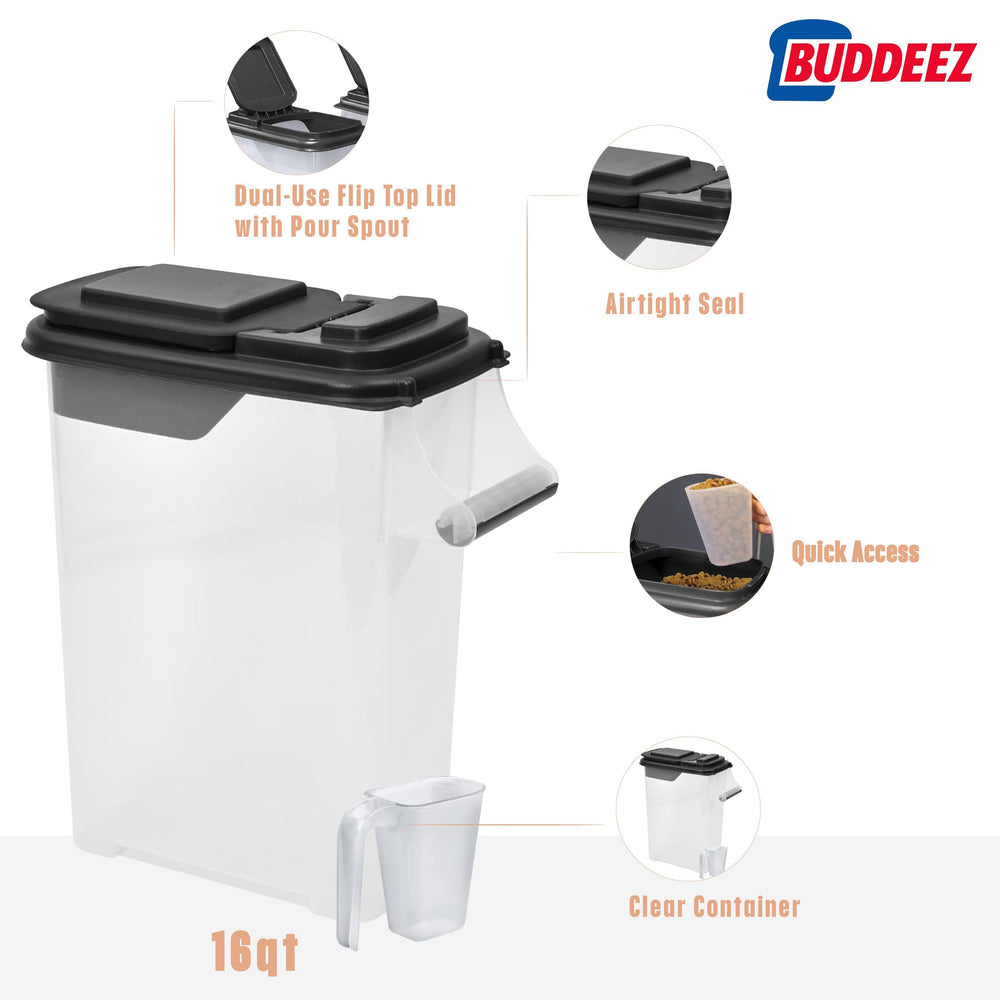 Buddeez stackable pet food containers demonstrating space-saving design for multi-pet homes.