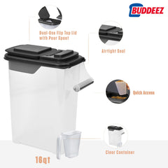 Buddeez stackable pet food containers demonstrating space-saving design for multi-pet homes.