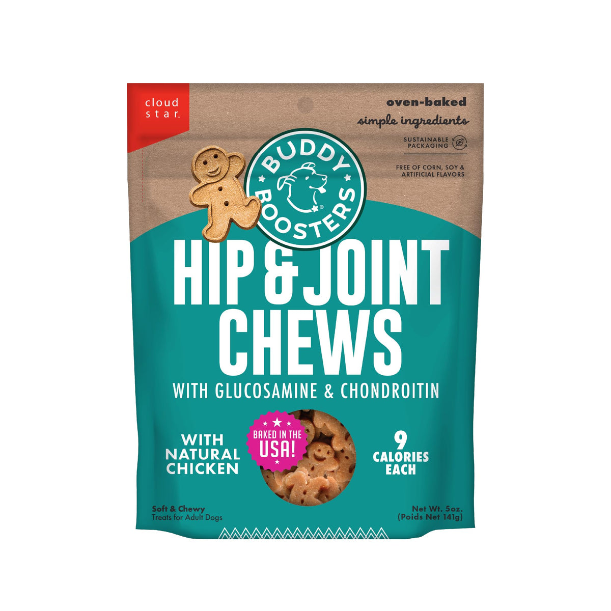 Buddy Biscuits Boosters bag front view, 5 oz, mobility-focused treat.