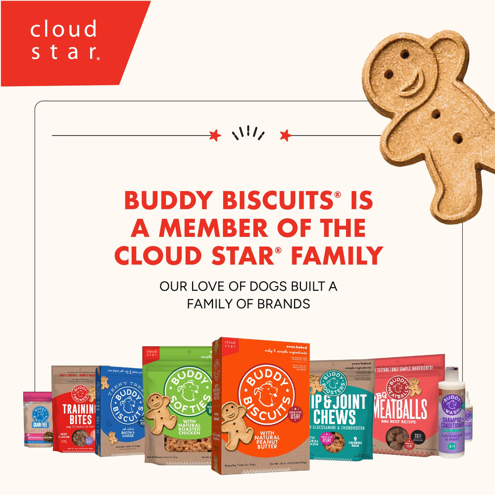 Buddy Biscuits Boosters no corn or soy label close-up.