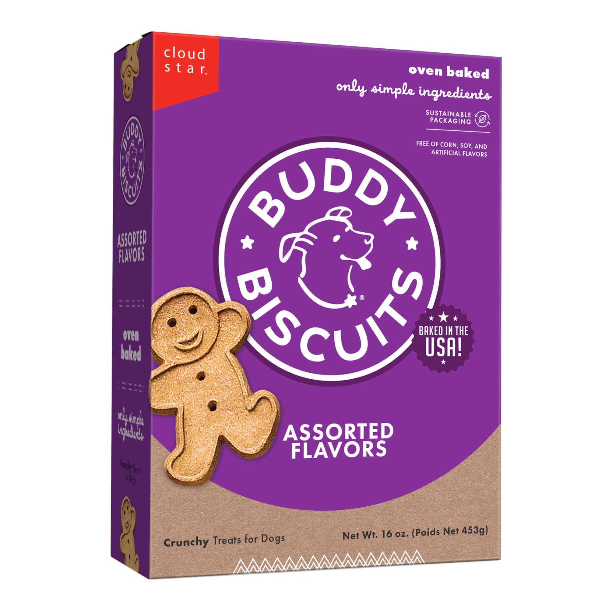 Buddy Biscuits 16 oz box front, ready-to-serve training reward for dogs.