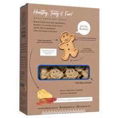 Buddy Biscuits closeup crunch bacon cheese highlights savory flavor for training rewards.