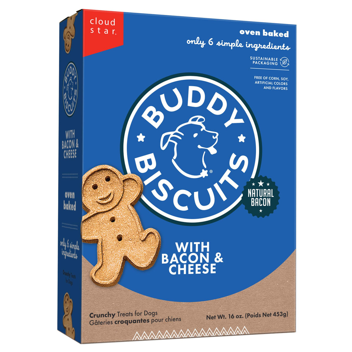Buddy Biscuits front-face 16oz box shows a tasty treat for daily rewards.