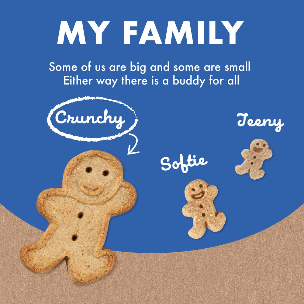 Buddy Biscuits recyclable packaging image underlines eco-friendly disposal.