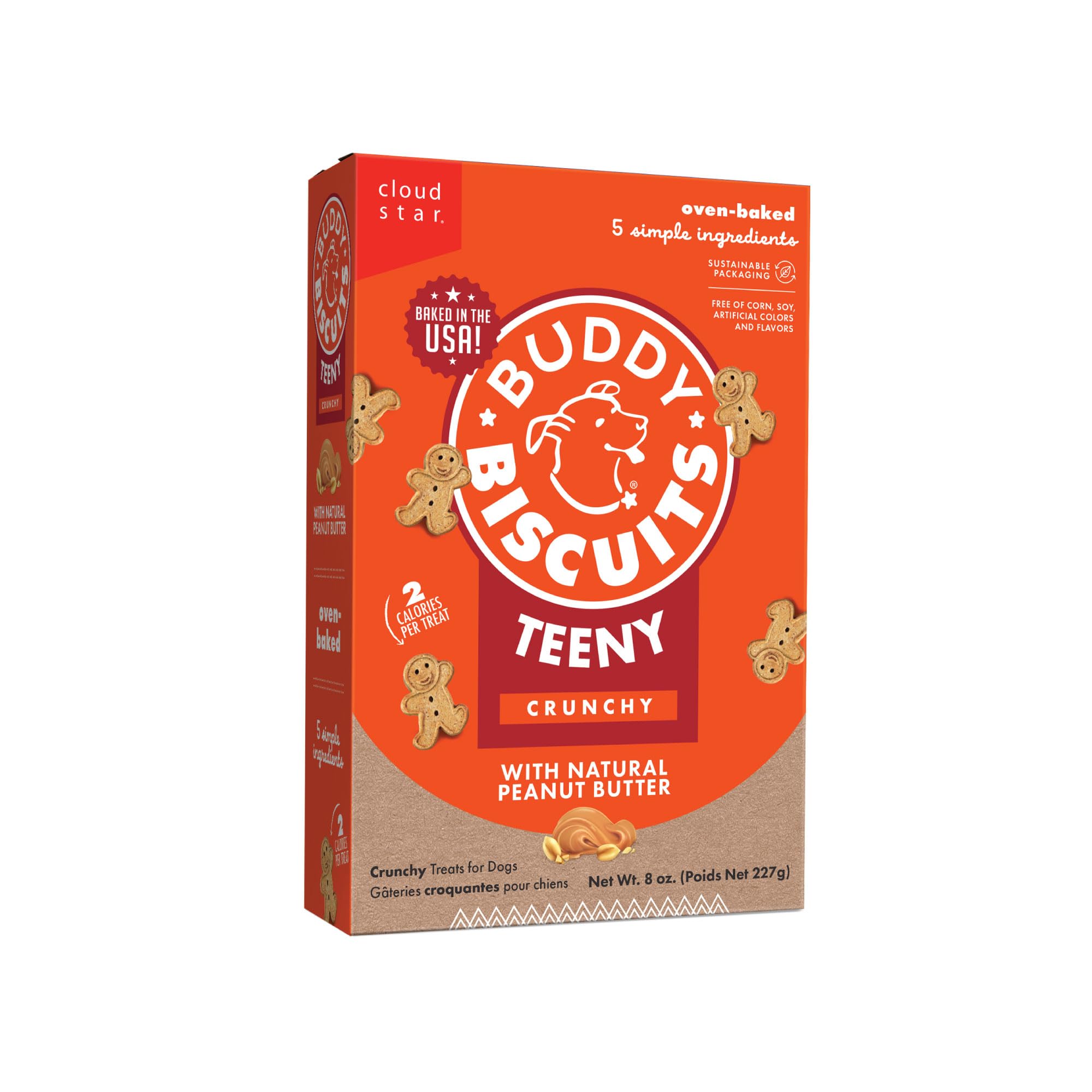 Buddy Biscuits Teeny Treats box shows bite-sized snacks for small dogs.