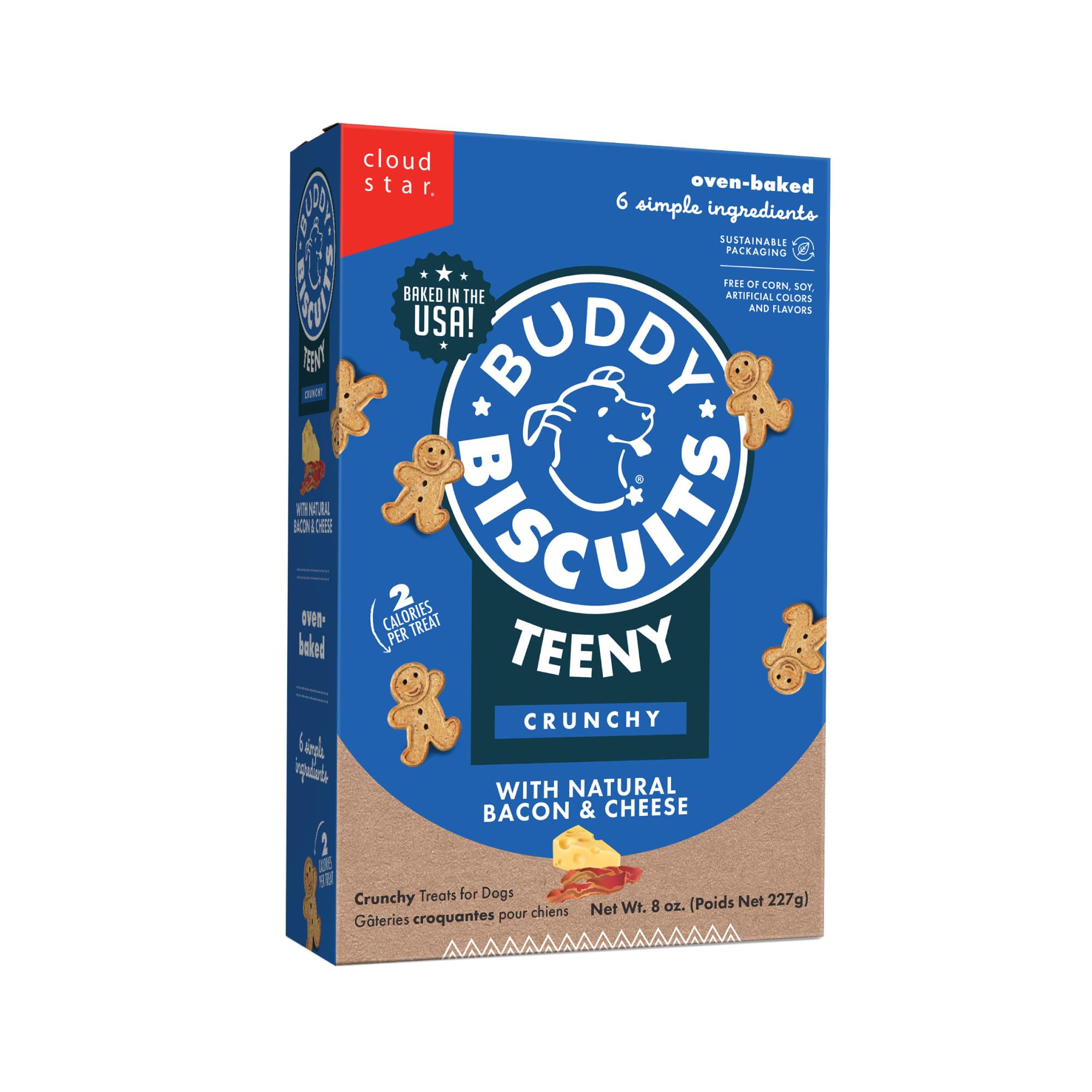 Buddy Biscuits Teeny Treats packaging featuring bacon and cheese flavor for small dogs.