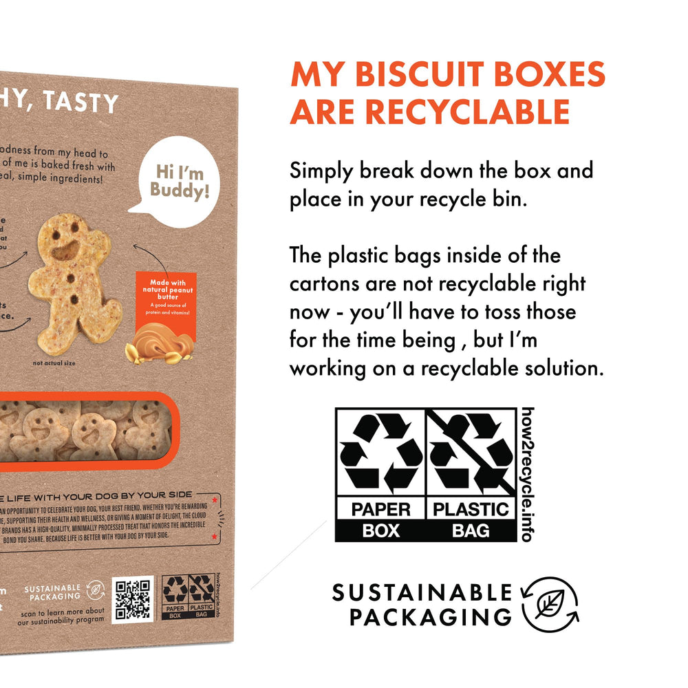 Buddy Biscuits USA-made Oven-Baked label on pack suggests quality and craftsmanship.