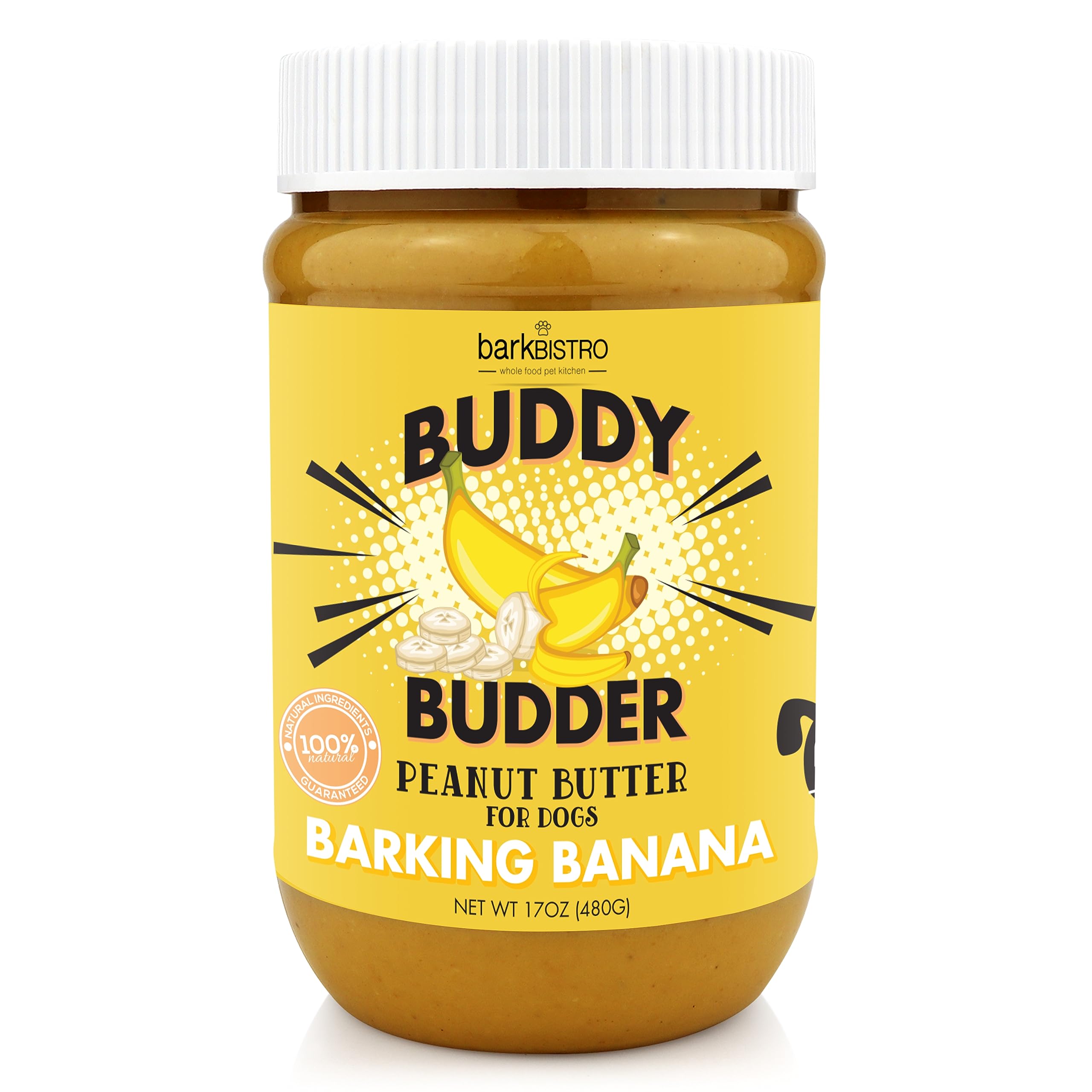 BUDDY BUDDER Barkin' Banana frasco 17oz para perros, mantequilla de maní natural y sabrosa