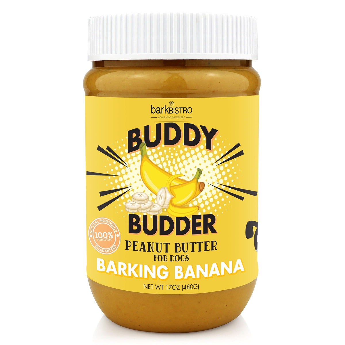 BUDDY BUDDER Barkin' Banana frasco 17oz para perros, mantequilla de maní natural y sabrosa