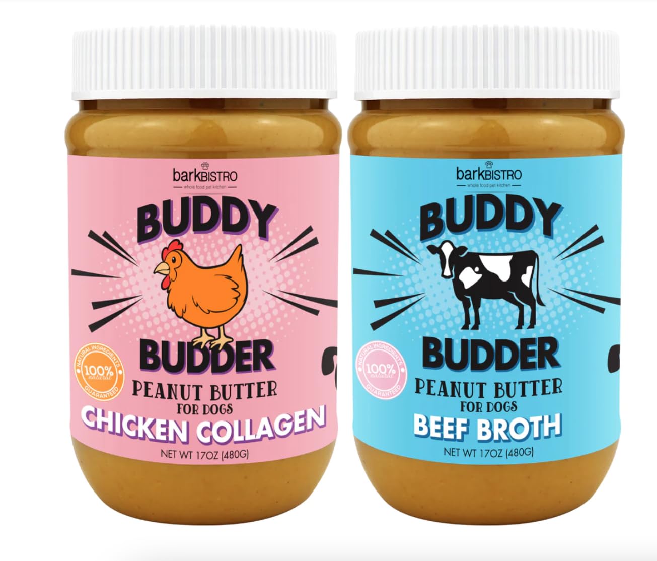 Buddy Budder beef broth peanut butter jar shows creamy texture ideal for dog treats.