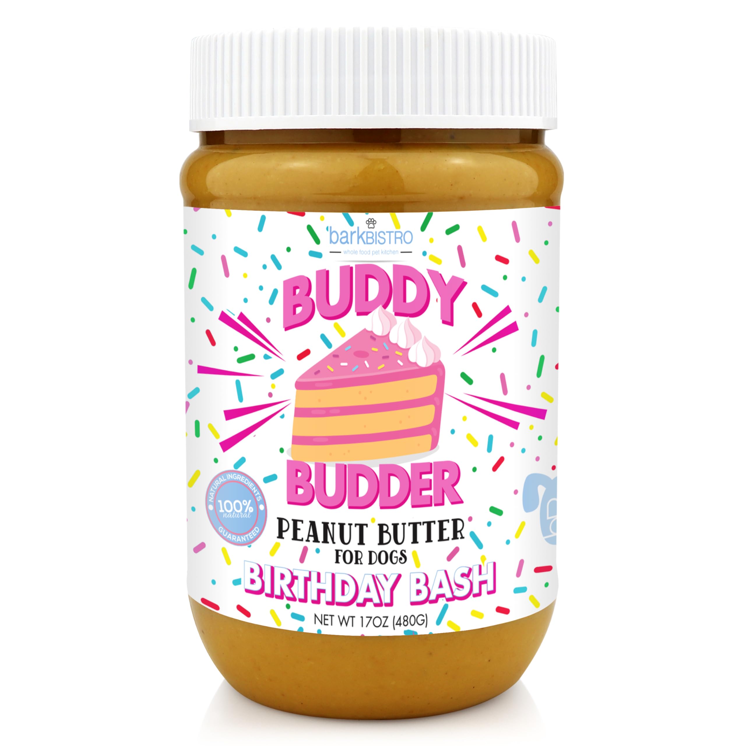 Buddy Budder Birthday Bash jar with natural ingredients for a tasty dog treat.