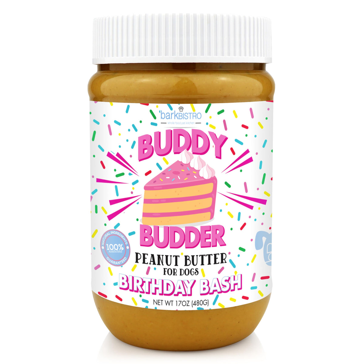 Buddy Budder Birthday Bash jar with natural ingredients for a tasty dog treat.