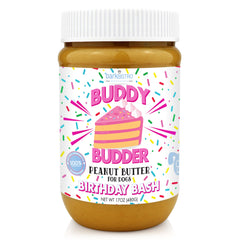 Buddy Budder Birthday Bash jar with natural ingredients for a tasty dog treat.