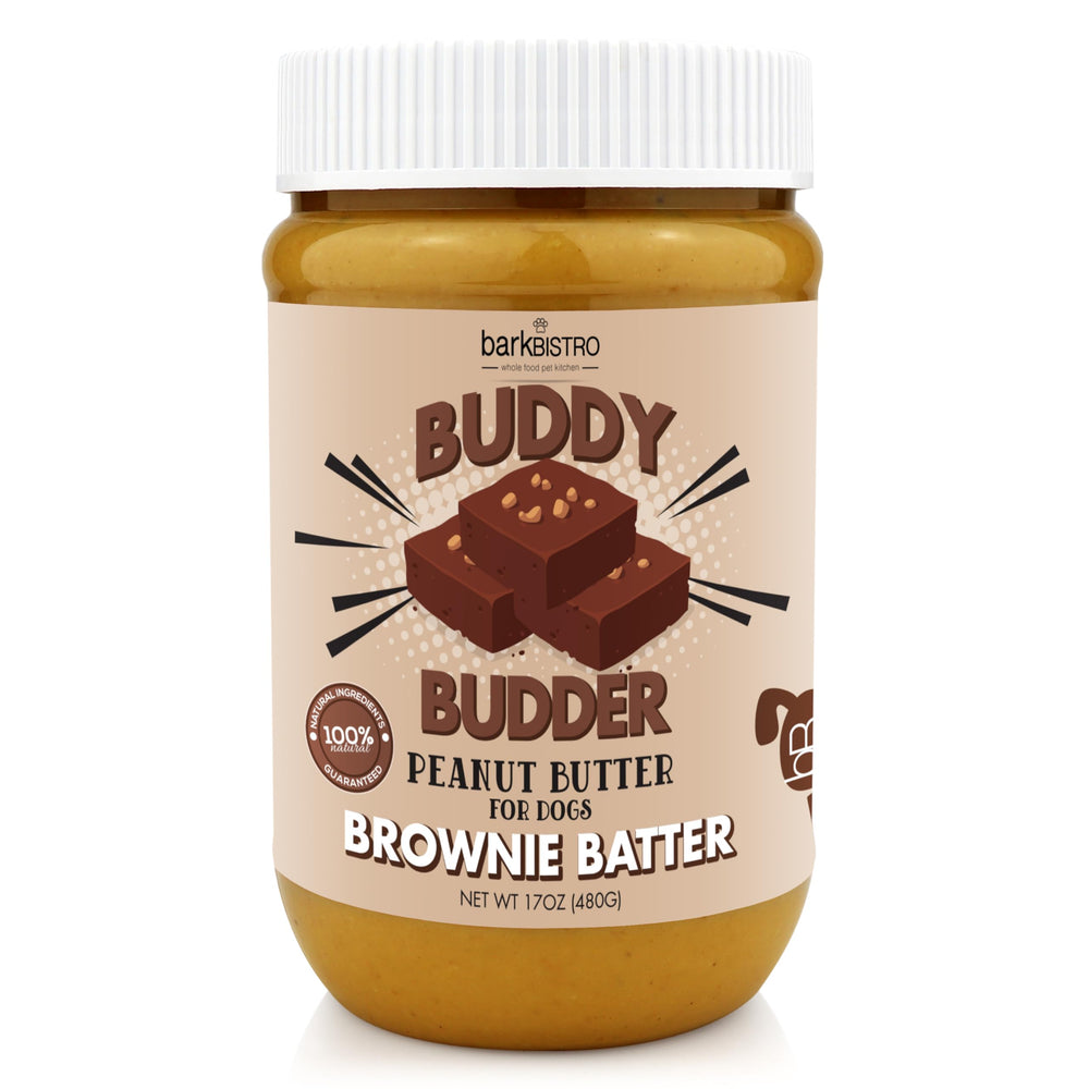 Buddy Budder brownie-batter jar closeup for a natural dog treat
