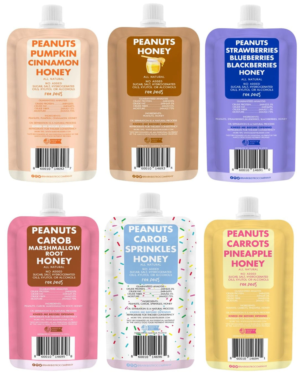 Buddy Budder dog peanut butter squeeze-packs for training rewards.