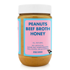Buddy Budder ingredients close-up highlighting natural blend of peanuts and honey for dogs.