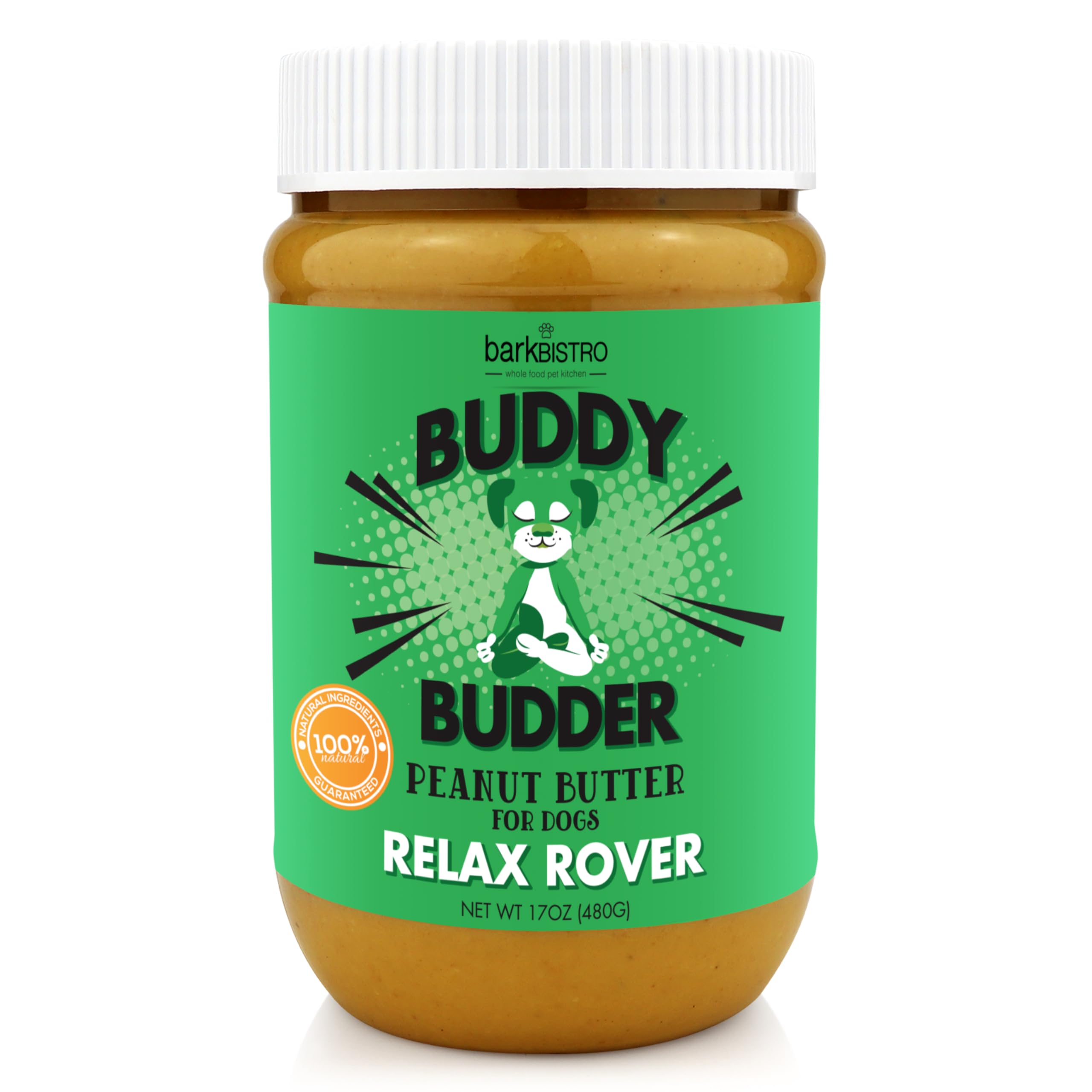 Buddy Budder Relax Rover bottle highlights all-natural dog peanut butter for calm moments.