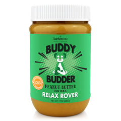 Buddy Budder Relax Rover bottle highlights all-natural dog peanut butter for calm moments.