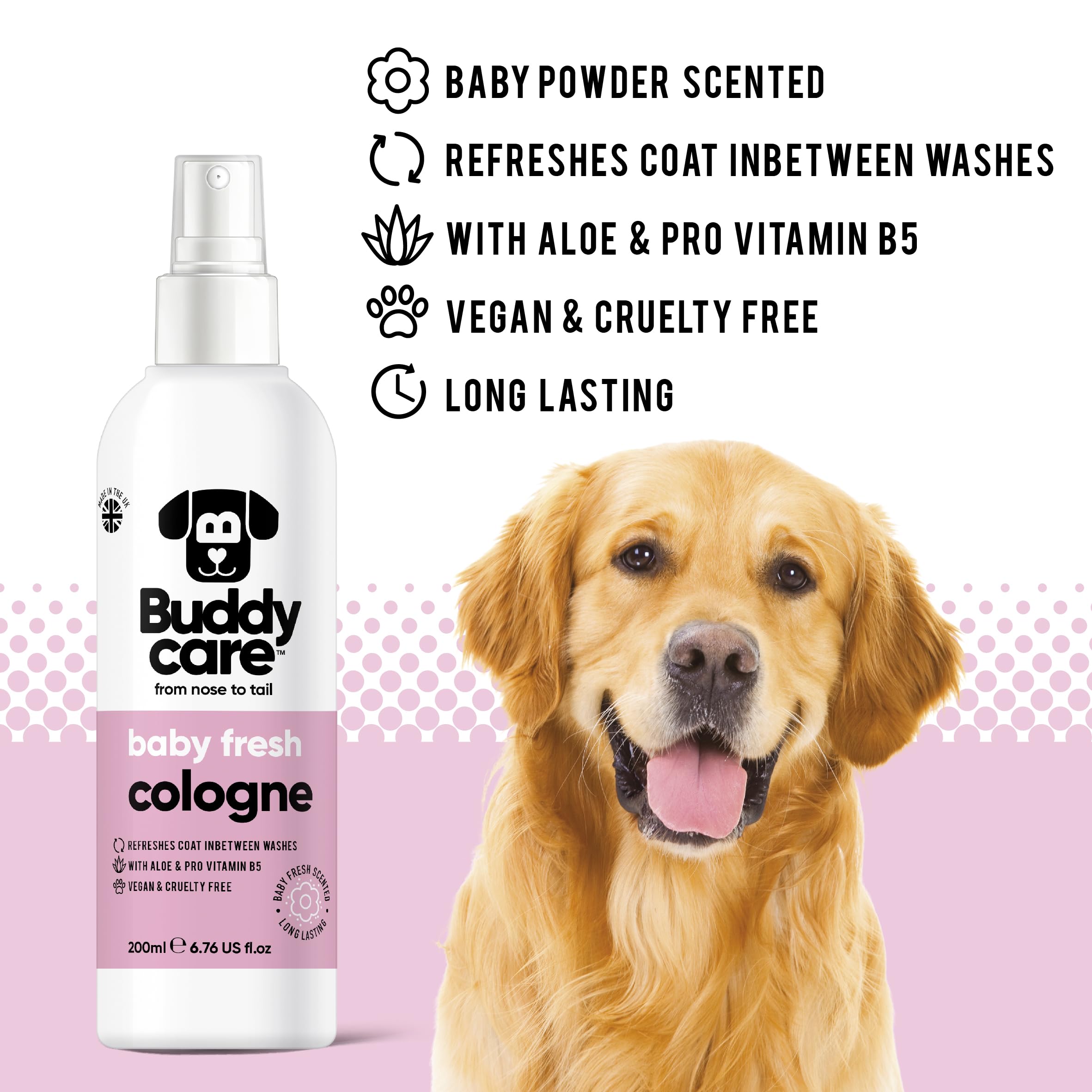 Buddycare Baby Fresh spray application demonstrates easy coat refresh after outdoor play.