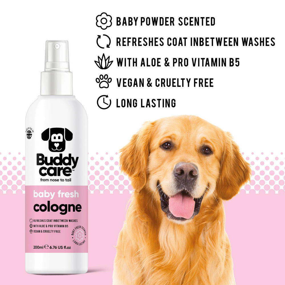 Buddycare Baby Fresh spray application demonstrates easy coat refresh after outdoor play.