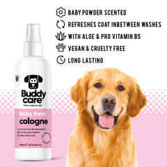 Buddycare Baby Fresh spray application demonstrates easy coat refresh after outdoor play.