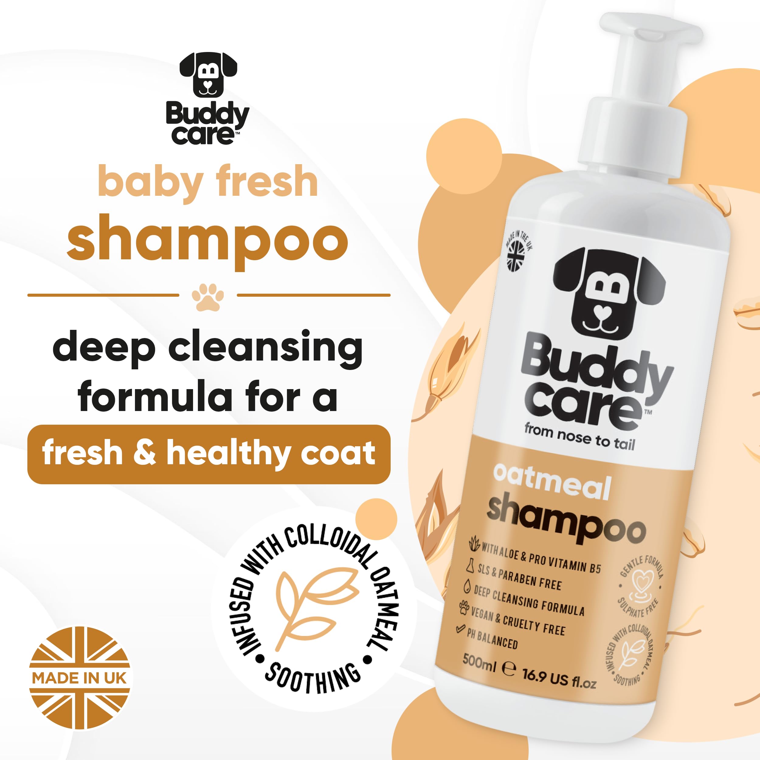 Buddycare dog bath time scene depicts a calm grooming moment.