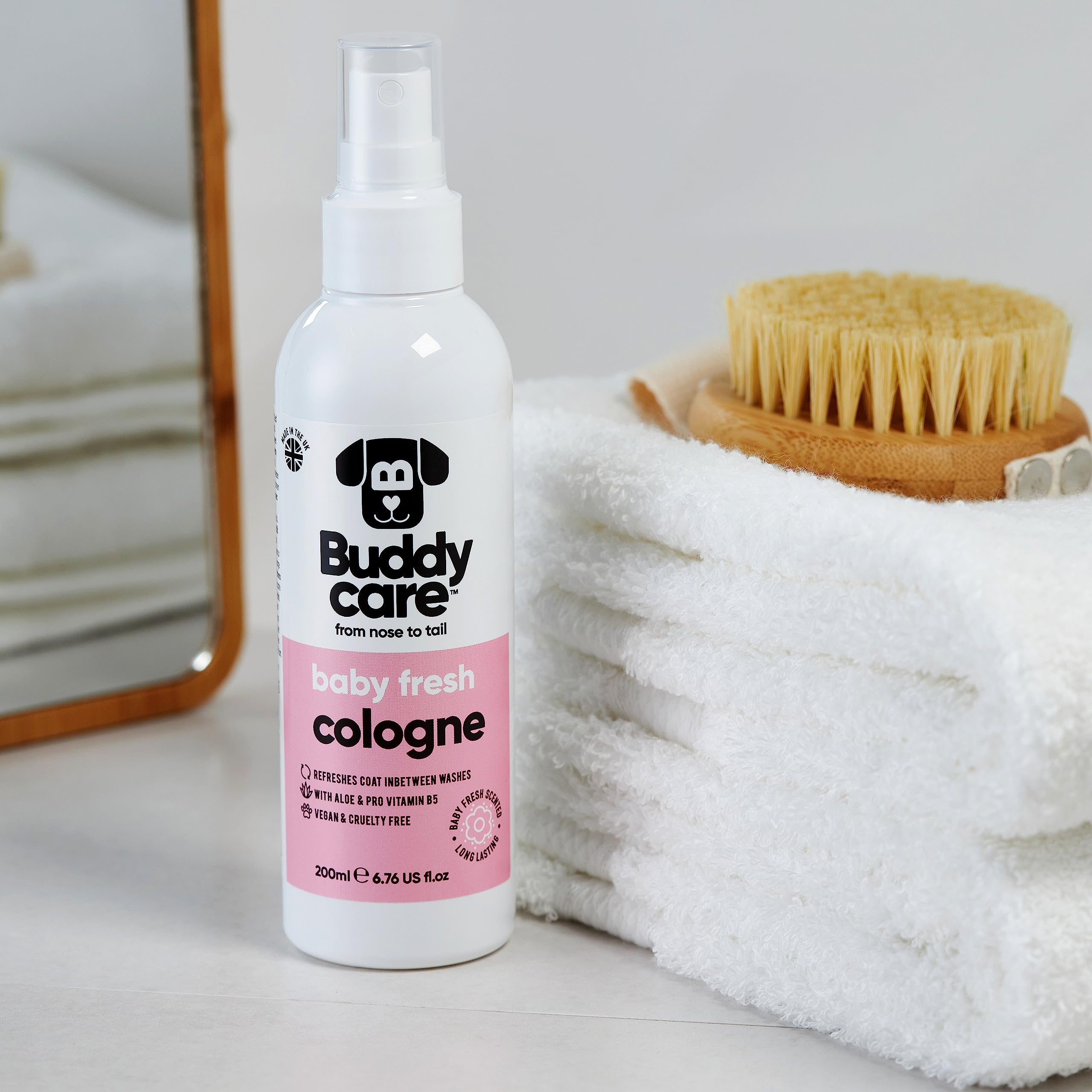 Buddycare Long-lasting scent bottle showcases enduring fragrance after walks.