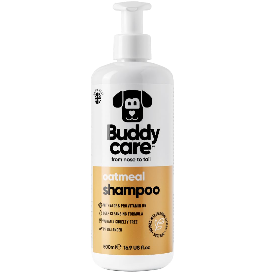 Buddycare oatmeal dog shampoo bottle shows hypoallergenic formula for sensitive skin relief.