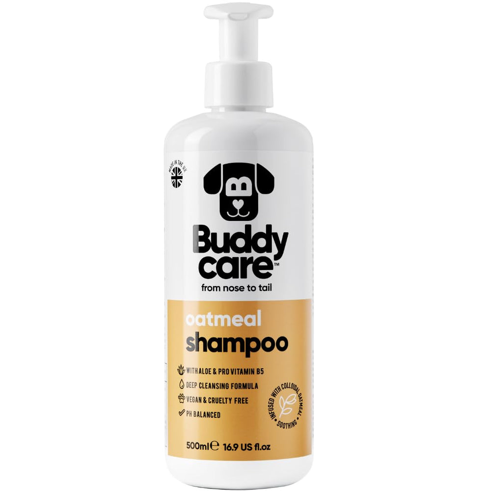 Buddycare oatmeal dog shampoo bottle shows hypoallergenic formula for sensitive skin relief.