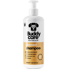 Buddycare oatmeal dog shampoo bottle shows hypoallergenic formula for sensitive skin relief.