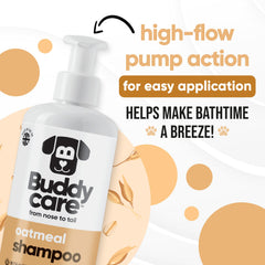 Buddycare oatmeal dog shampoo lather shows a gentle cleanse for sensitive coats.