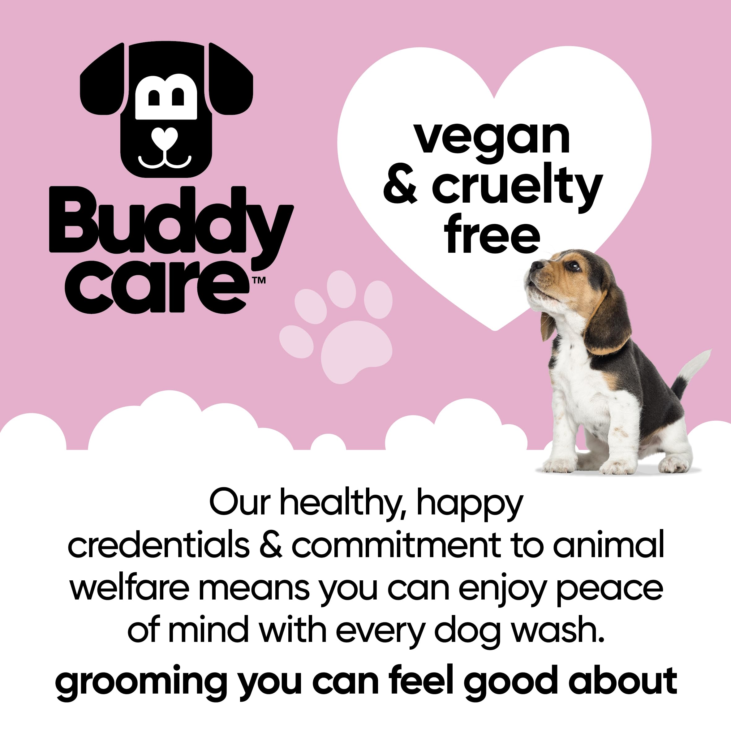 Buddycare Vegan Cruelty-Free label emphasizes ethical grooming choice for pets.