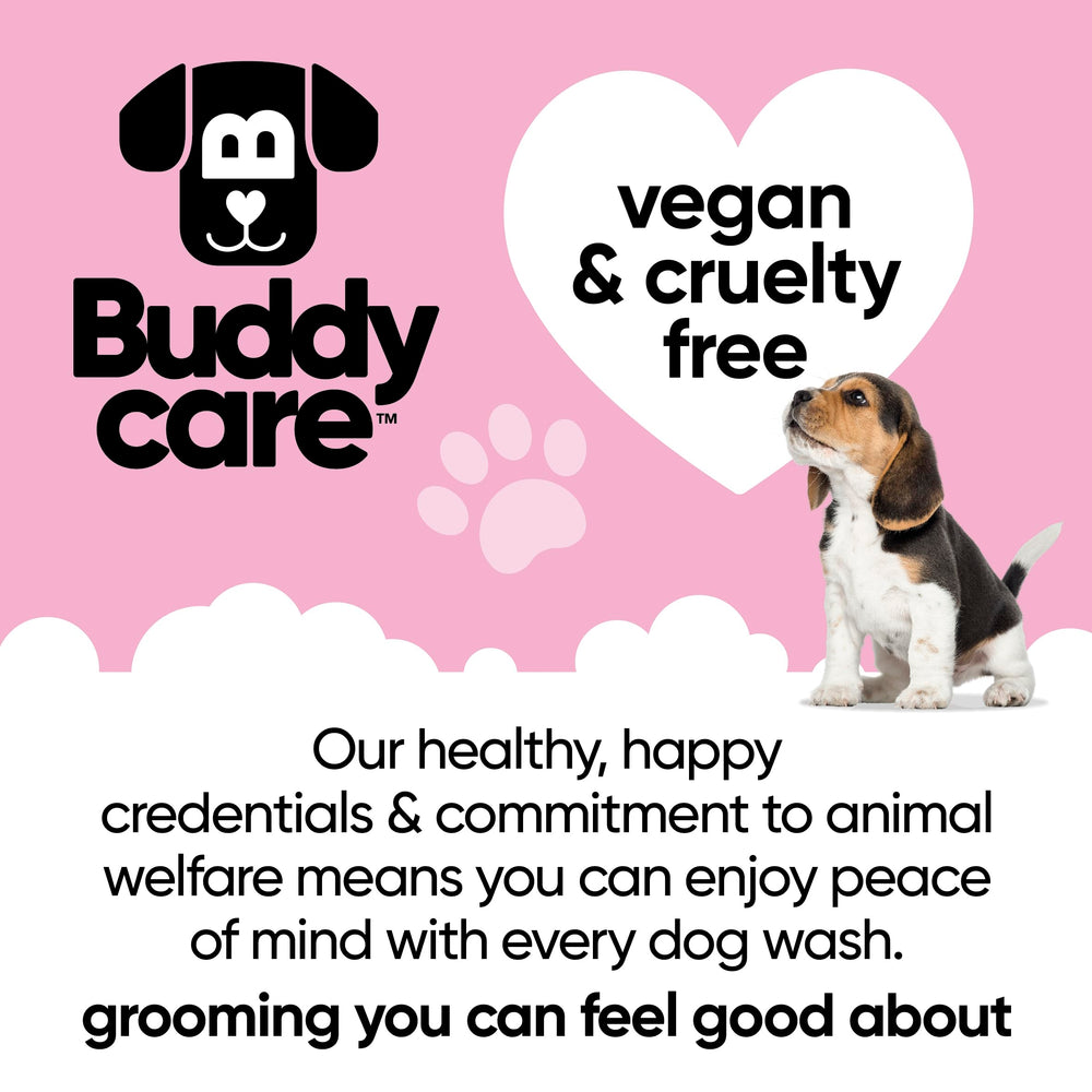 Buddycare Vegan Cruelty-Free label emphasizes ethical grooming choice for pets.