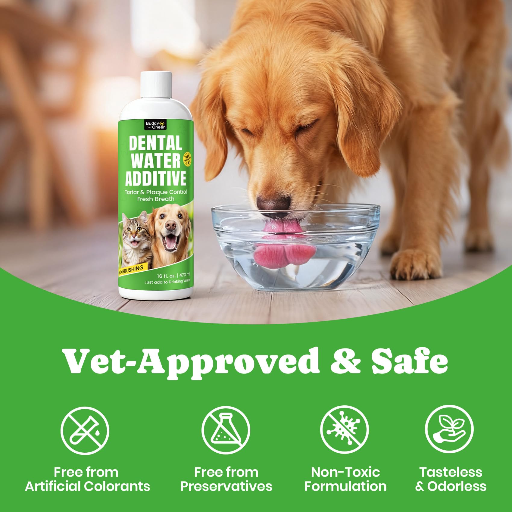BuddyCheer 16oz bottle delivers easy, mess-free mouthwash integration into a pet routine