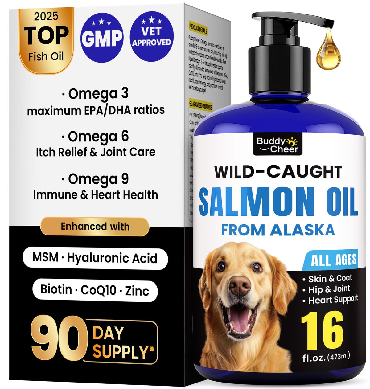 BuddyCheer aceite salmón Alaska, botella visible, apoyo piel sana y pelaje brillante.