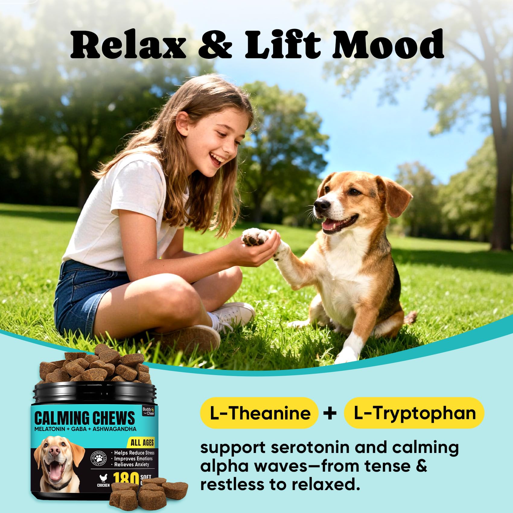 BuddyCheer Calming Chews puppy-to-senior friendly packaging indicates inclusivity.