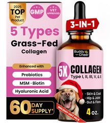 BuddyCheer collagen five-types bottle showing skin, coat and joint support benefits.