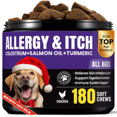 BuddyCheer dog allergy chews bottle-front shows convenient itch relief option