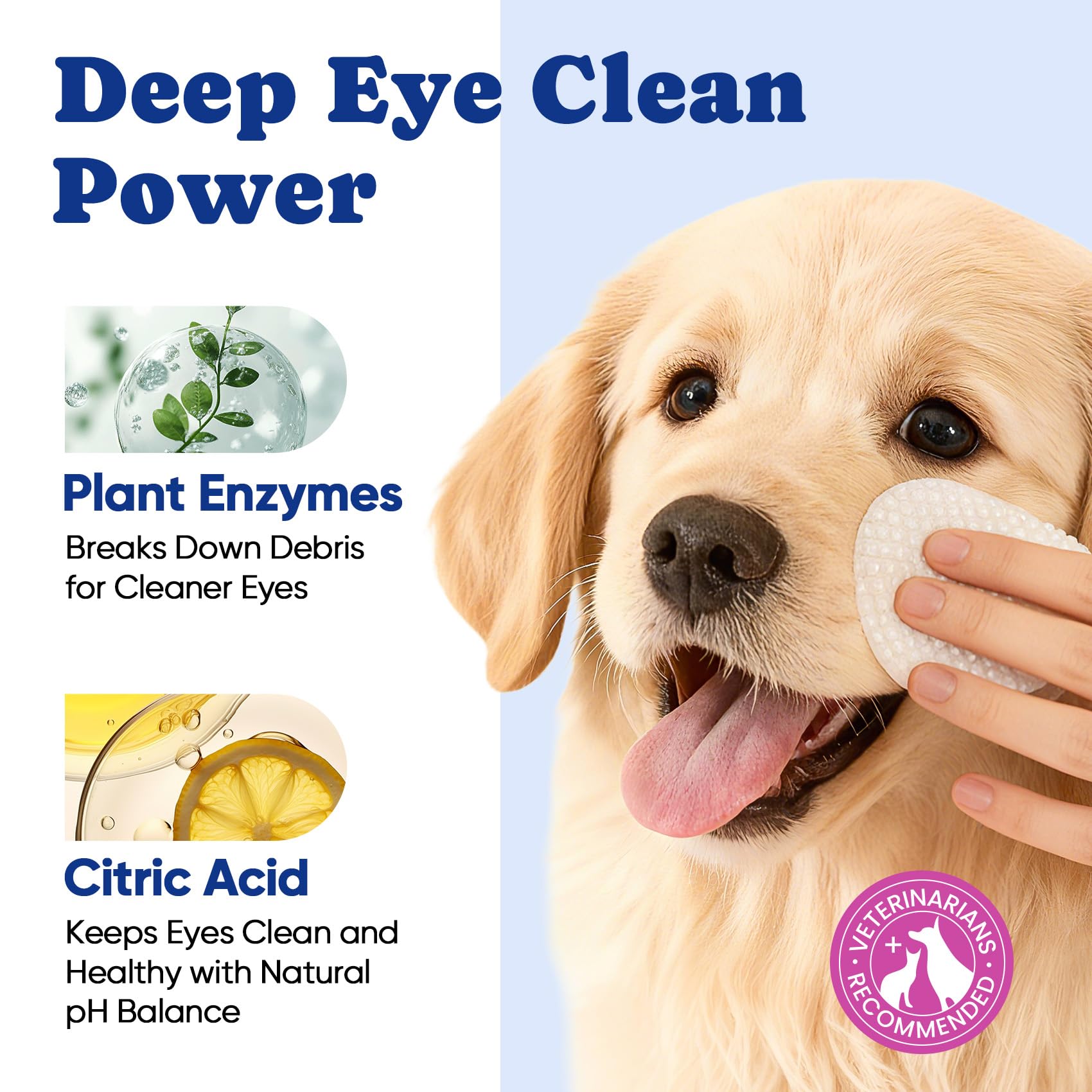 BuddyCheer Dog Eye Wipes no-rinse formula closeup illustrates easy cleaning.