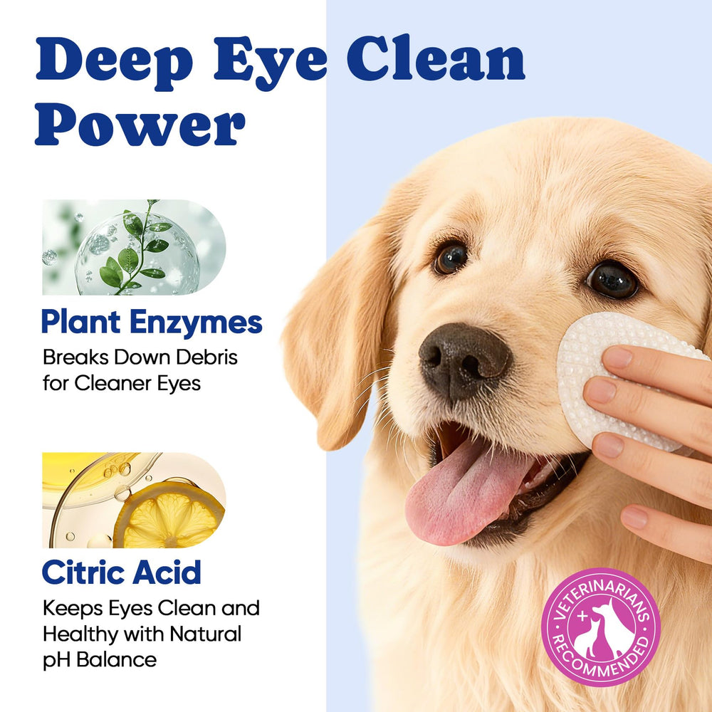 BuddyCheer Dog Eye Wipes no-rinse formula closeup illustrates easy cleaning.