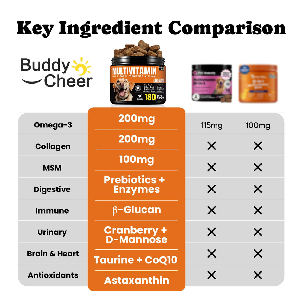BuddyCheer dog multivitamin gut-health-stability display implying balanced digestion.