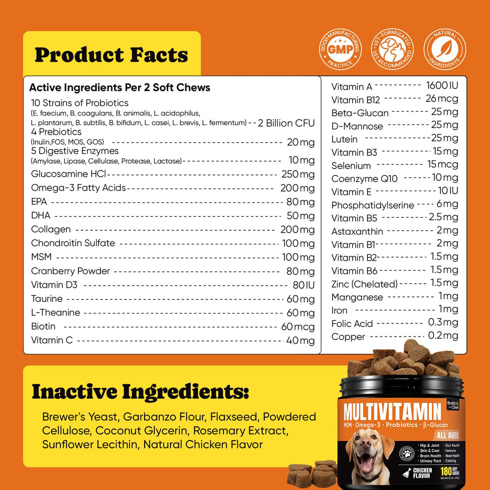 BuddyCheer dog multivitamin packaging with front label and refund policy cues.