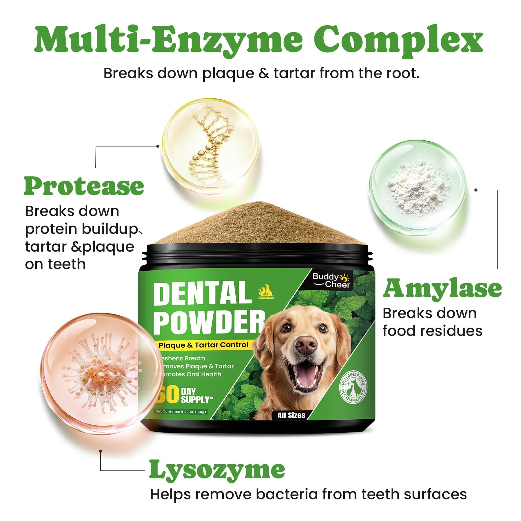 BuddyCheer ingredients display featuring enzymes, seaweed, probiotics for comprehensive care.