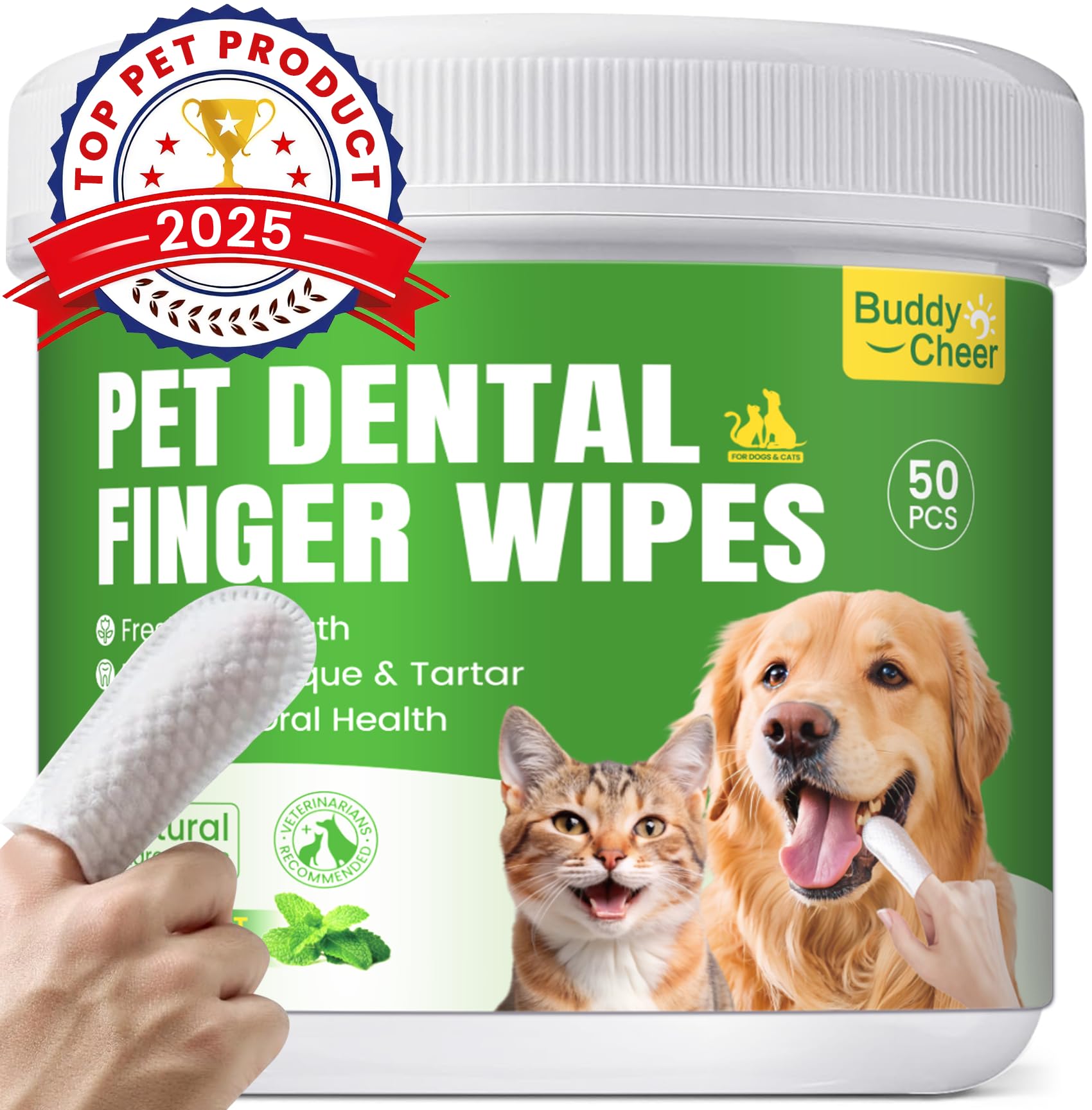 BuddyCheer packaging for pet teeth wipes; convenient no rinse design.